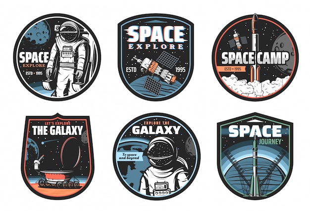 Galaxy, space, astronaut and rocket vector icons