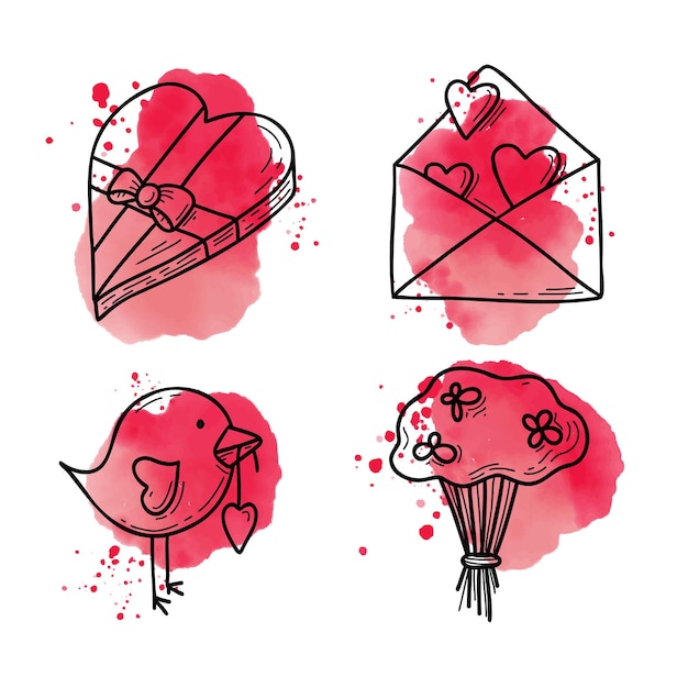 Galentines day vector doodle illustrations Set of 4 icons box of chocolates flower letter bird