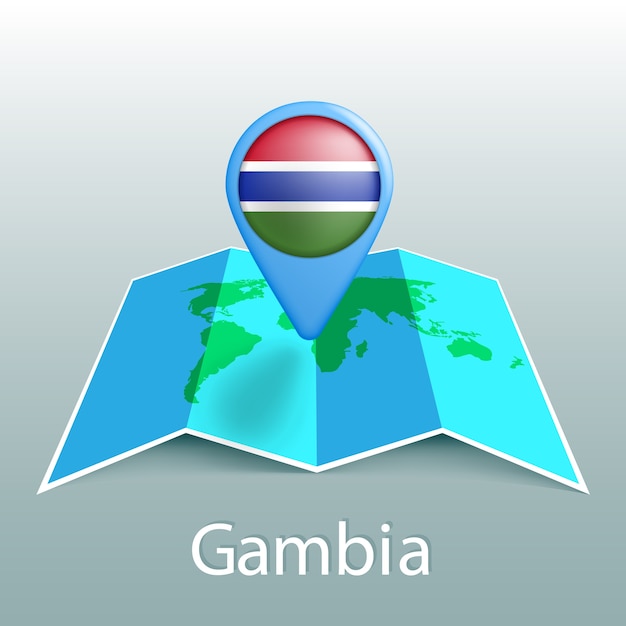 Gambia flag world map in pin with name of country on gray background