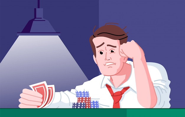 Gambling addiction flat illustration. Casino entertainment dependence. Gamblers failure, bad luck day. Obsessed poker player frustrated about losing card game cartoon character