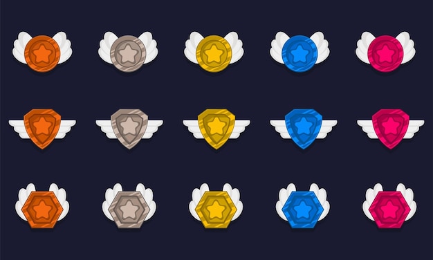 Game achievement badge or rank icon cartoon set Gold silver and bronze awards or medal reward