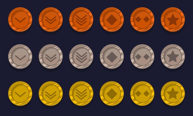 Game achievement badge or rank icon cartoon set Gold silver and bronze awards or medal reward