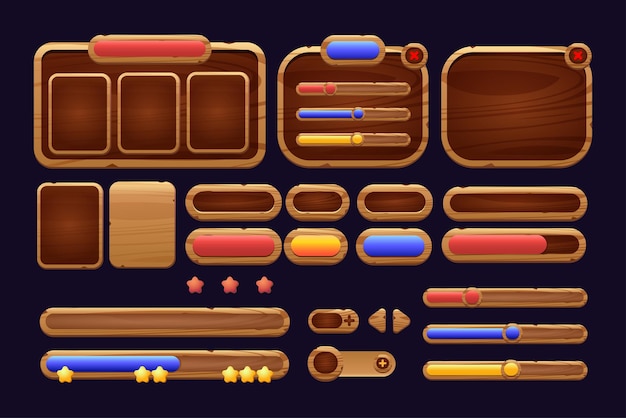 Game buttons of wooden and gold texture cartoon menu interface elements