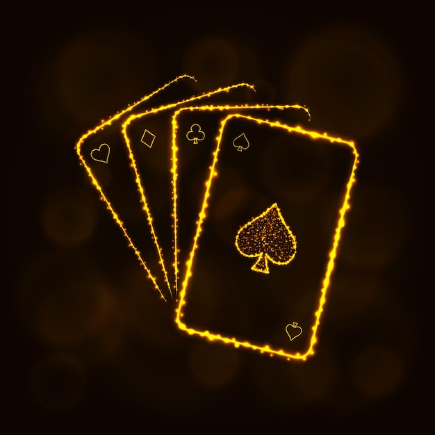 Game cards icon Four playing cards casino symbol lights silhouette design on dark background Vector illustration Glowing Lines and Points Gold color