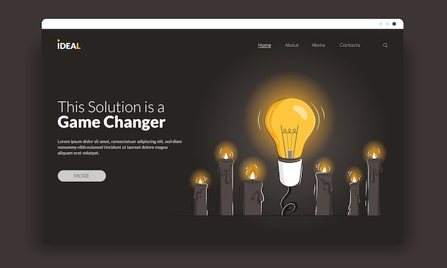 Vector game changer first screen template with a light bulb among candles as a concept of new solutions.