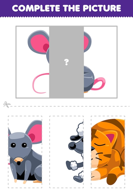 Game for children cut and complete the correct picture of cute mouse printable pet worksheet