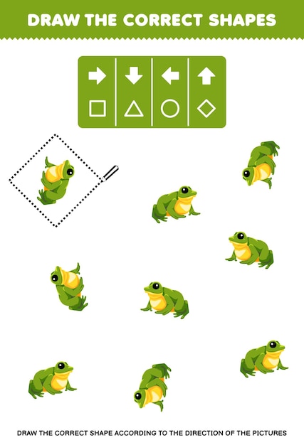 Game for children draw the correct shape according to the direction of a cute frog pet worksheet