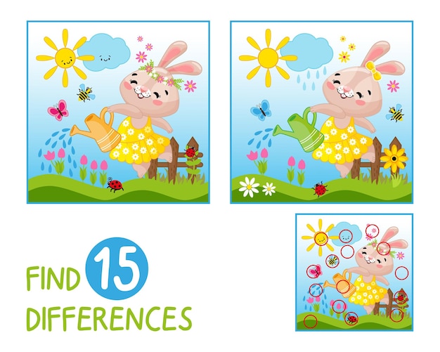 Game for children Easter Find 15 differences rabbit is watering the flowers