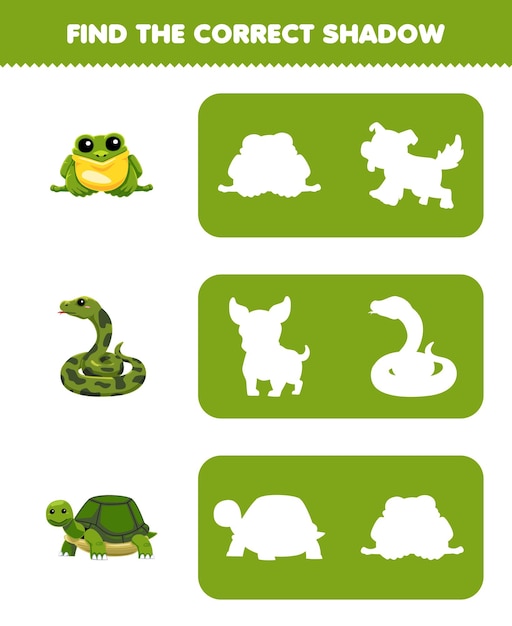 Game for children find the correct shadow silhouette of cute green animal printable pet worksheet