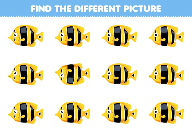 Game for children find the different picture of cute cartoon fish printable pet worksheet