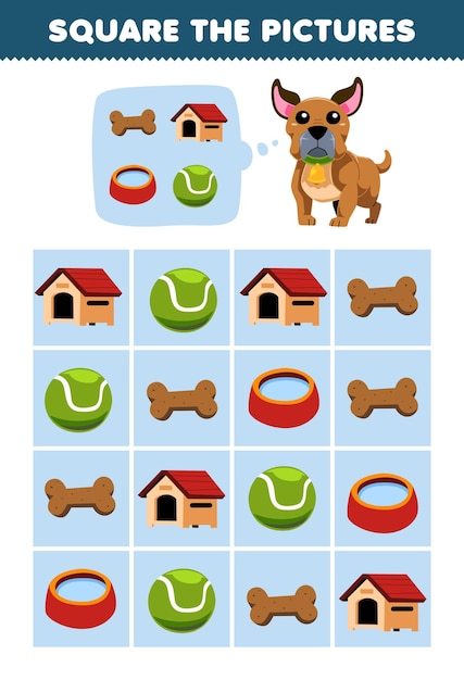 Game for children help cute dog square the correct stuff set picture pet worksheet