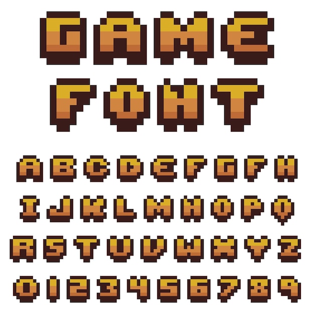 Game font in pixel art 8bit style letters and numbers Vector alphabet in pixel on white background