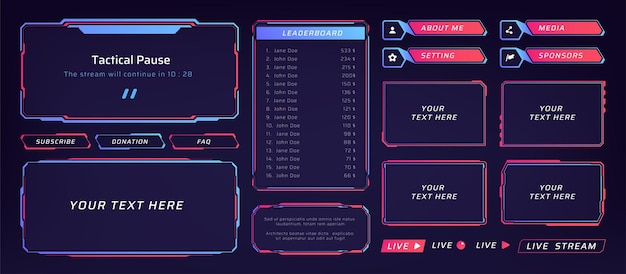 Game frame Stream overlay banner with buttons and video player UI template Futuristic live interface Isolated streaming show graphic tags mockup Vector square digital elements set