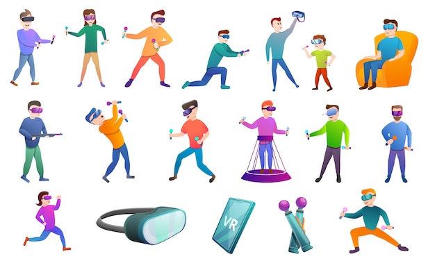 Game goggles characters and icons set, cartoon style