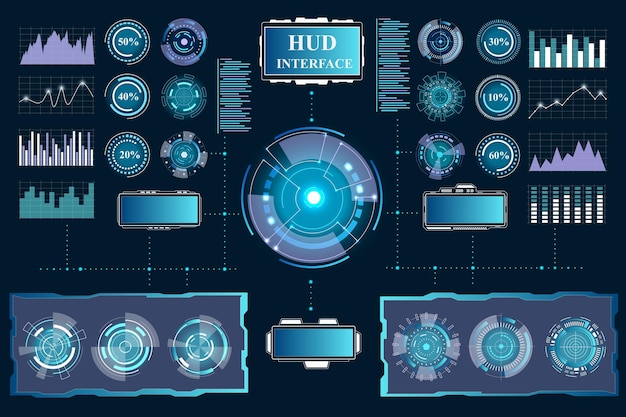 Vector game hud interface space dashboard with tech digital ui elements medical technology graph statistic screen chart infographics and diagrams gui panel frame shapes vector design set