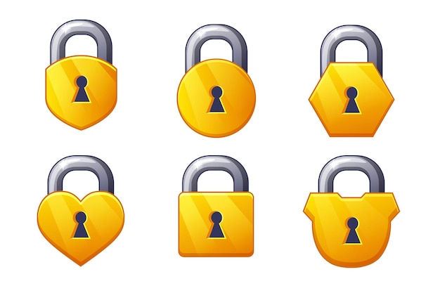 Game icon golden closed lock shapes square round and hearts Set padlock hidden or locked object