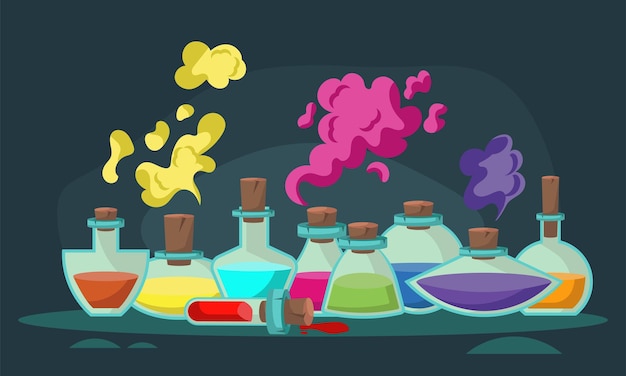 Game icons of bottles with poison or elixir Cartoon container for health or energy Collection liquid