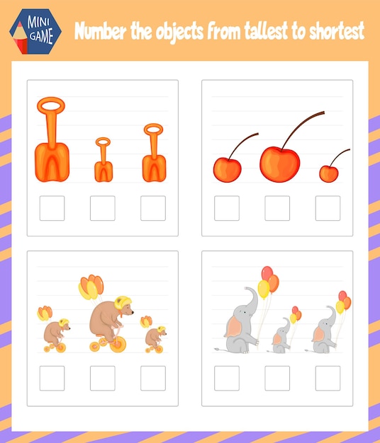 Game for kids to determine the size of the subject. Cartoon style. Vector illustration.