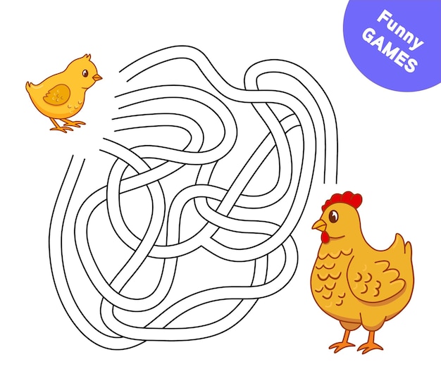 Game for kids with maze Hand drawn cute chicken and chick vector illustration Cartoon farm birds isolated on white background