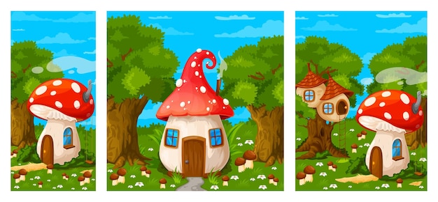 Vector game landscape cartoon fairy mushroom houses