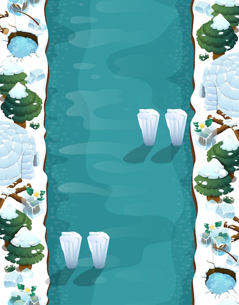 Game level background with platforms and items Game Winter landscape with traps