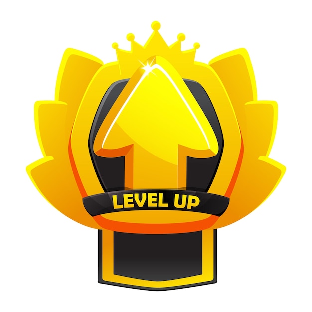 Vector game level up badge icon with raising arrow crown and shield winner evaluation ui or gui app element user interface rating achievement