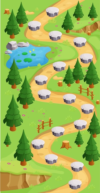 Game map forest river gui background, template in cartoon style, casual isometric view.