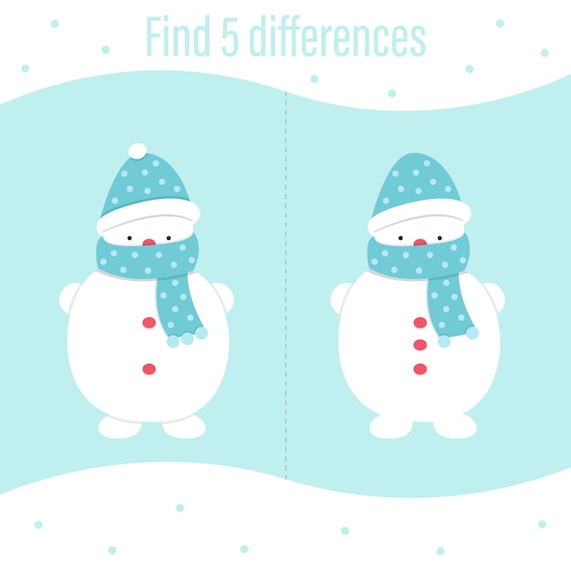 Game, puzzle for preschoolers. Find 5 differences. Snowman in a hat and scarf. New Year, Christmas.