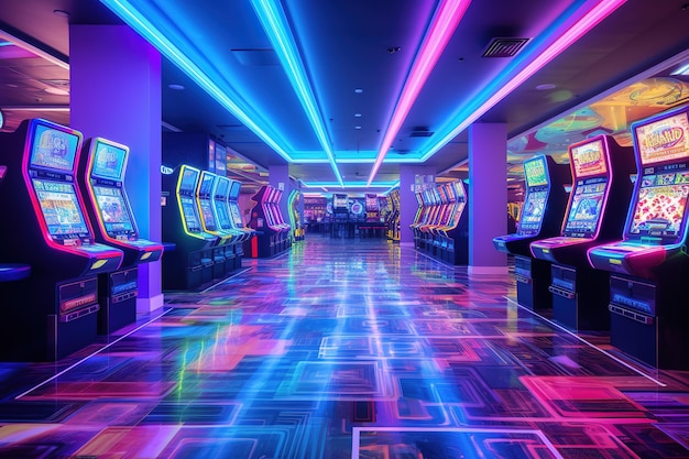 a game room with a colorful floor and a slot machine in the middle