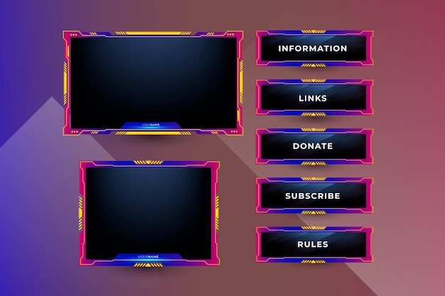 Game streaming panels and button design collection. Gradient twitch panels