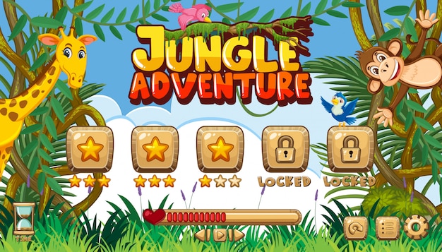 Game template for jungle adventure with many animals in jungle