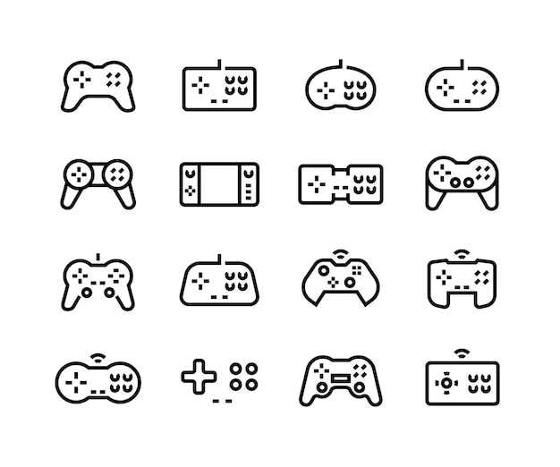 Gamepad icons Video game joystick controller Retro pictogram for arcade logo Black lines device for play station and computer on white background Vector console and PC gaming buttons set