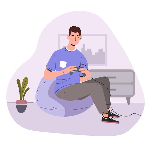 Gamer boy with joystick concept Man in casual clothes with gamepad sitting indoor Fun and entertainment leisure Player and gamer with arcada and video game Cartoon flat vector illustration