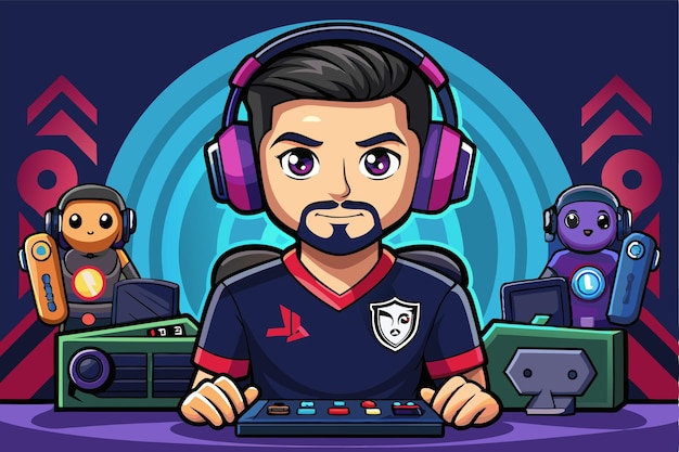 Vector a gamer focused on gameplay wearing headphones and surrounded by playful robots in a lively setting custom cartoon illustration for gaming with customization options