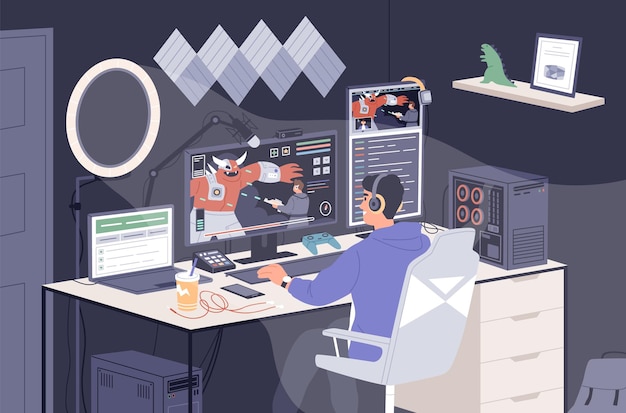 Gamer guy playing online game on computer at home vector illustration. Smiling male taking part at cybersport competition. Man cyber sportsman in headphones shooting to monster during streaming.