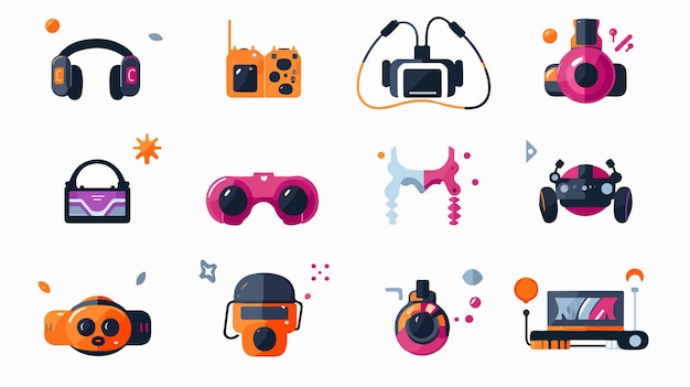 Vector gamer virtual reality icons set flat vector isolated