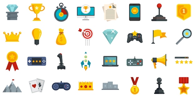 Gamification icons set. Flat set of gamification vector icons isolated on white background