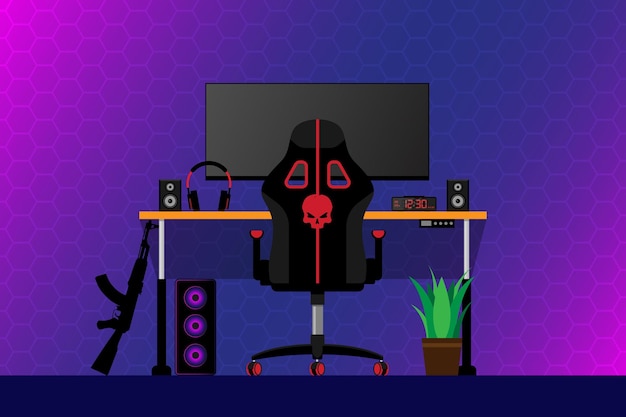 Vector gaming computer on desk in video gamer room vector illustration