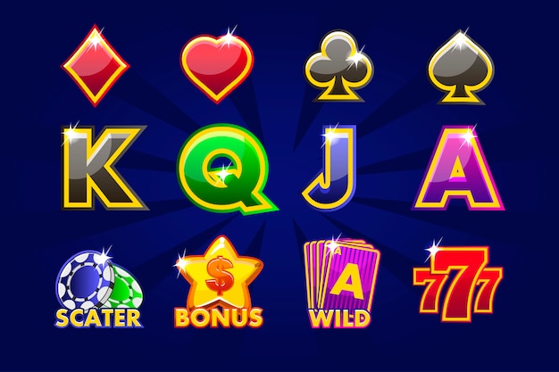 Gaming icons of card symbols for slot machines or casino. Game casino, slot, UI