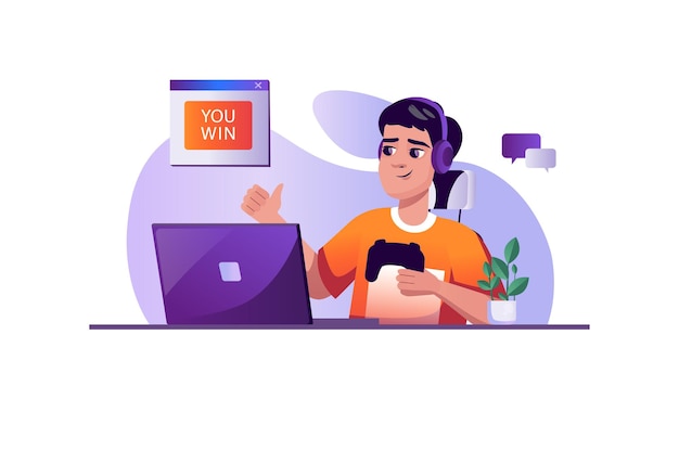 Gaming purple concept with people scene in the flat cartoon design Guy plays computer games