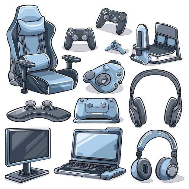 Vector gaming setup with chair controllers headphones monitor laptop