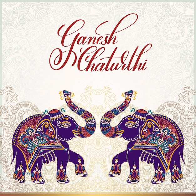 Ganesh chaturthi greeting card design with two elephant hand written lettering and gold