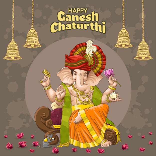 Ganesh Chaurthi Greetings with bell design and spiritual elements