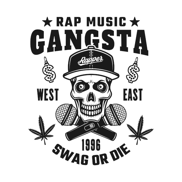 Gangsta rapper skull in snapback and crossed microphones vector emblem, badge, label or logo in vintage monochrome style isolated on white background