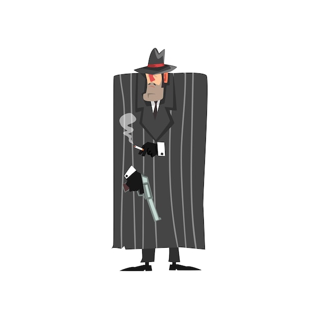 Gangster criminal character in black coat and fedora hat standing with gun and smoking vector Illustration isolated on a white background