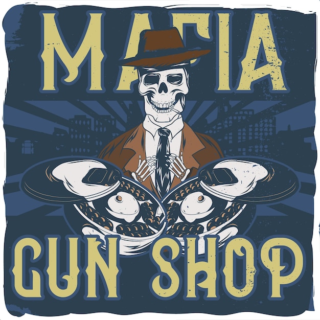 a gangster's skeleton with a hat on, and bullets