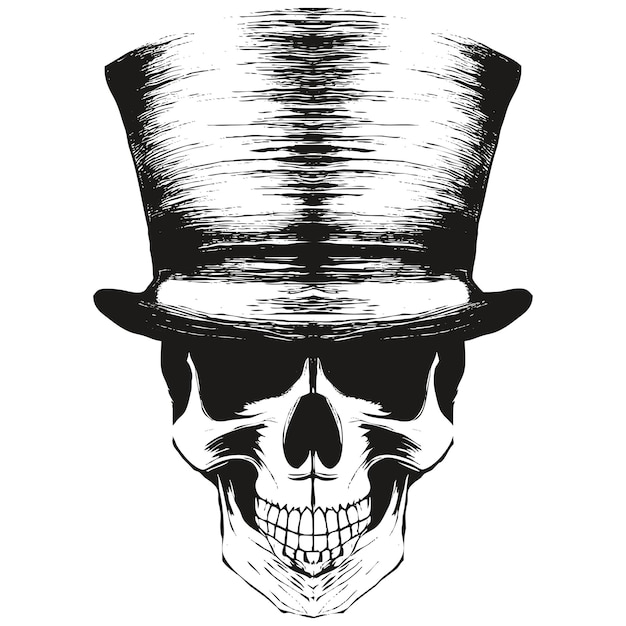 Gangster skull with hat picture vector hand drawn black and white clip art