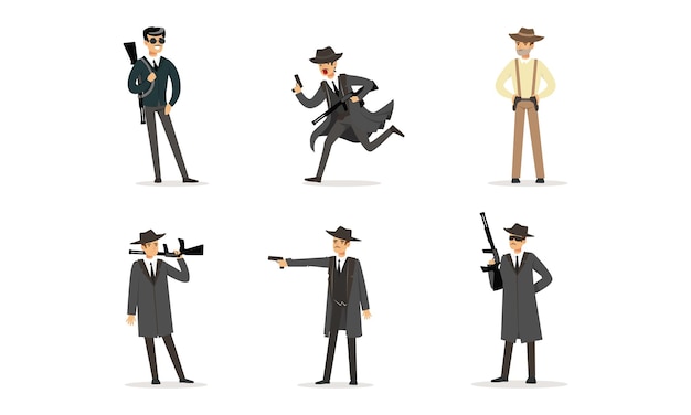 Gangsters Set American Mafia Criminal Characters in Raincoat Fedora Hat with Gun Cartoon Vector Illustration