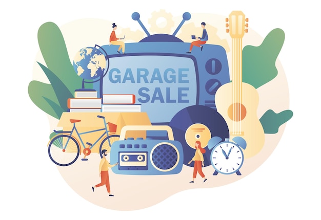 Garage sale online Flea market Yard sale Tiny sellers and customers Vintage goods or rag fair