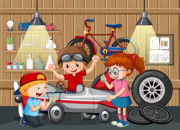 Garage scene with children fixing a car together